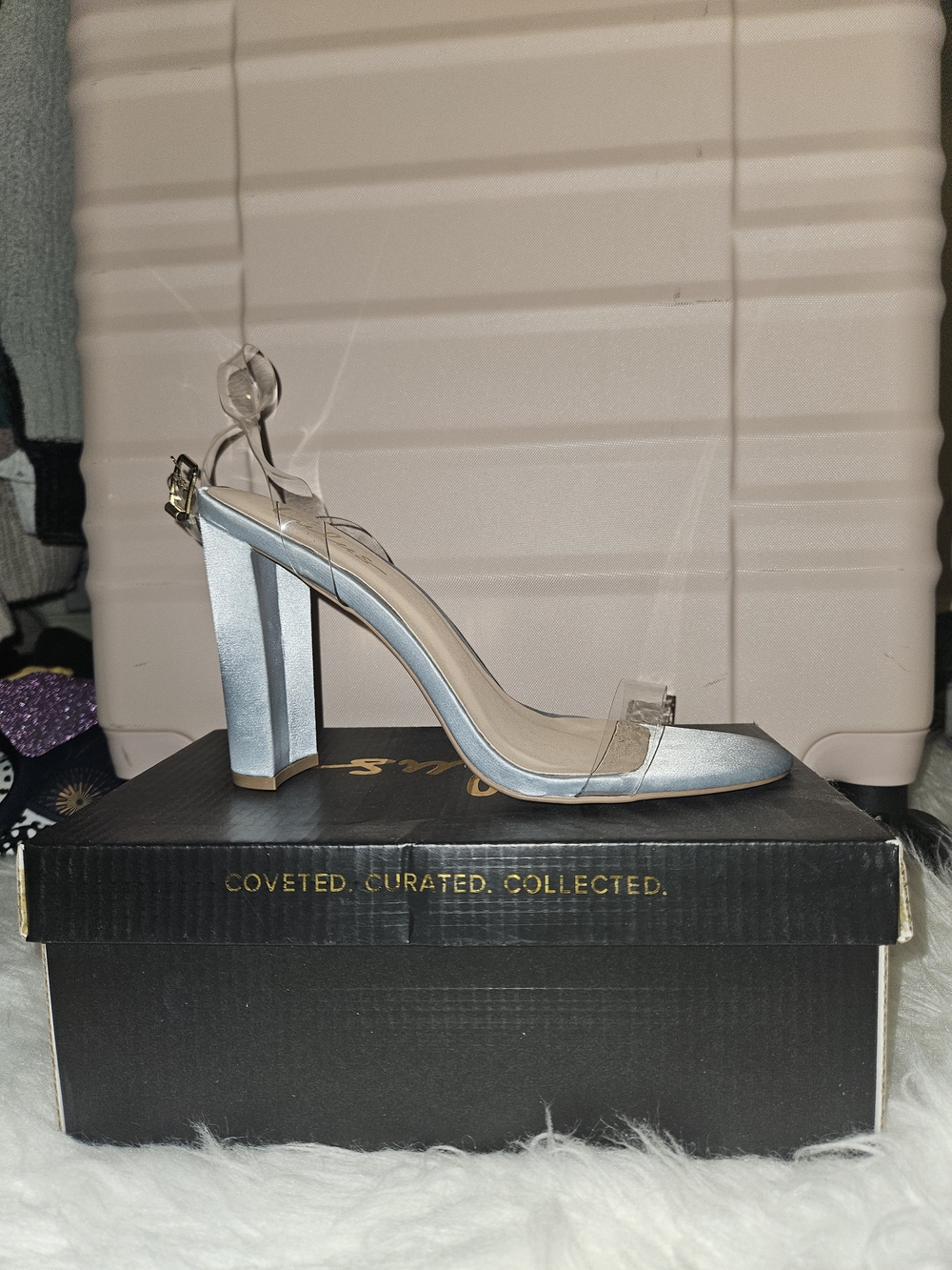 Satin Blue Block Heel Sandals with Clear Strap